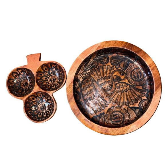 VTG Handmade Mexican Wooden Bowl Set Hand Painted Birds Signed Jose Angel Ixtapa - Picture 2 of 11